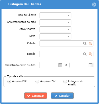 Tela de filtros para exibir a listagem de clientes