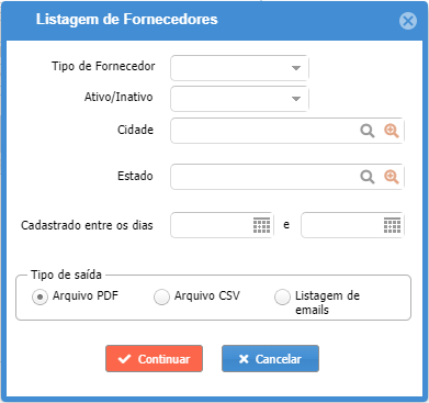 Tela de filtros para exibir a listagem de fornecedores